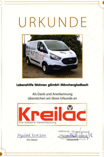 Sponsoring Lebenshilfe Mönchengladbach Kreilac Urkunde